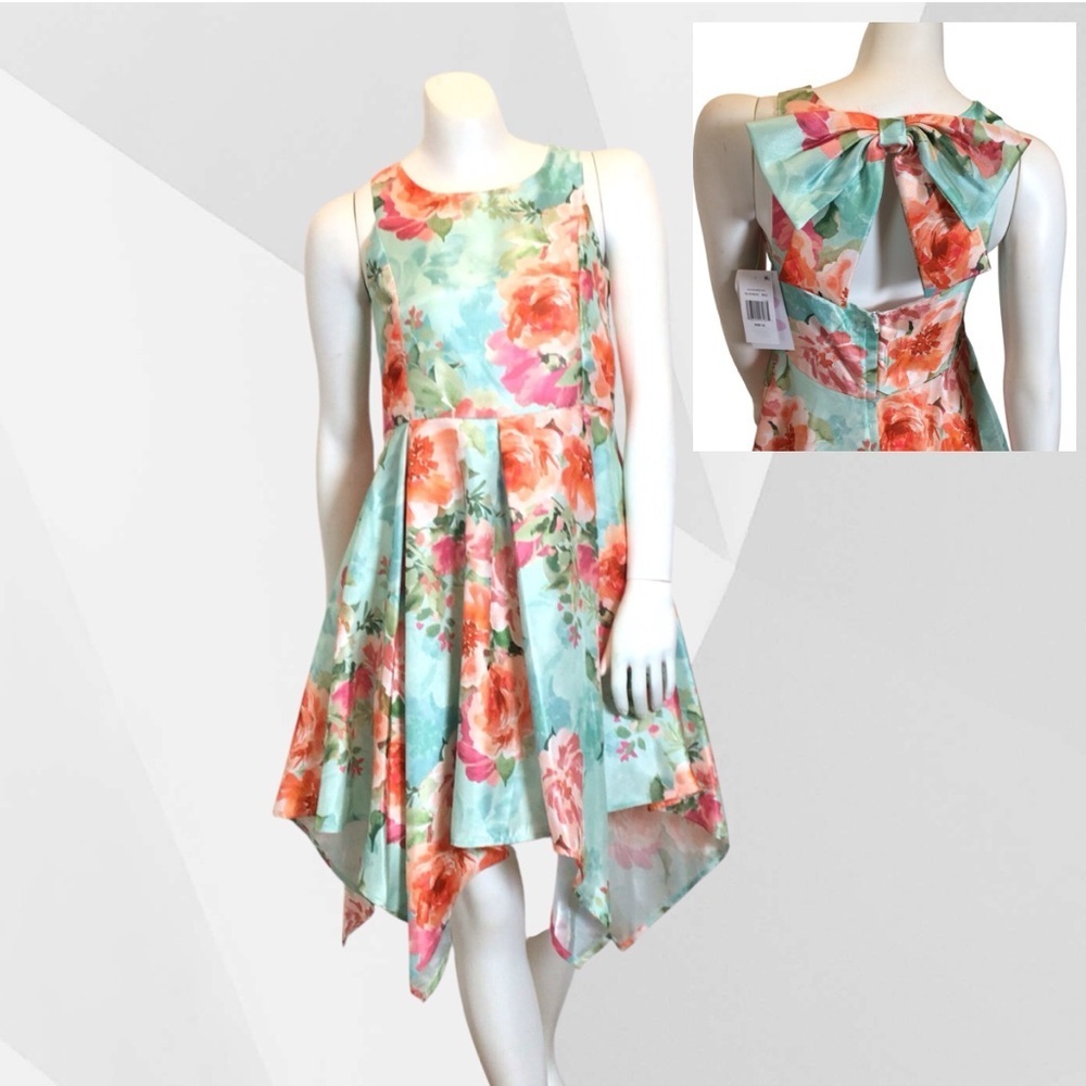 Bonnie Jean Girls Size 12 Floral High Low Dress Satin Bow Back